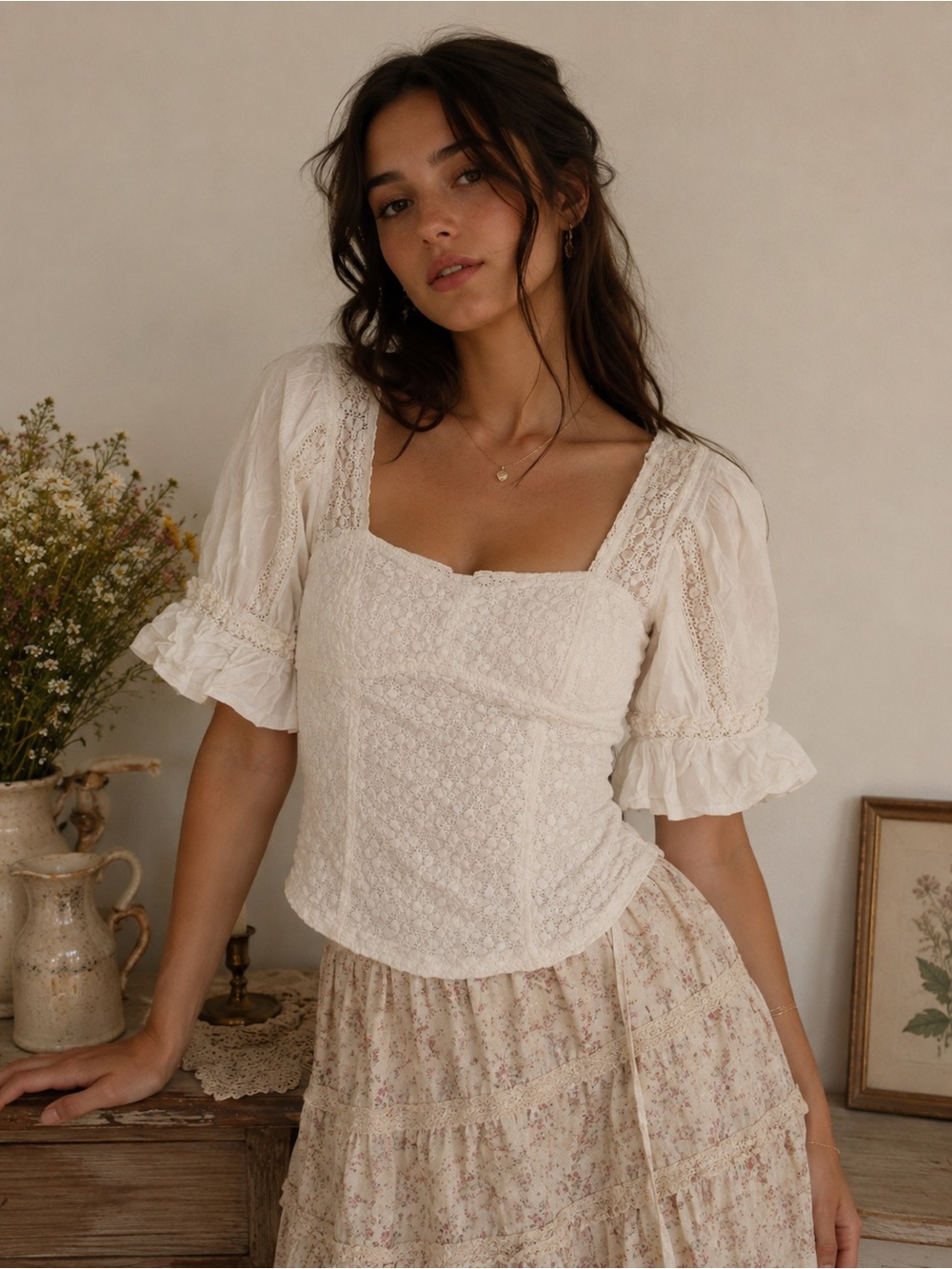 Free PeopleIvory Lace Square-Neck Puff Sleeve Top Milkmaid Cottagecore Romantic
